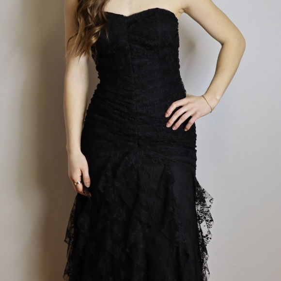 Jessica McClintock 2 Vintage Lace Overlay Mermaid Dress Strapless in Black - Picture 4 of 12